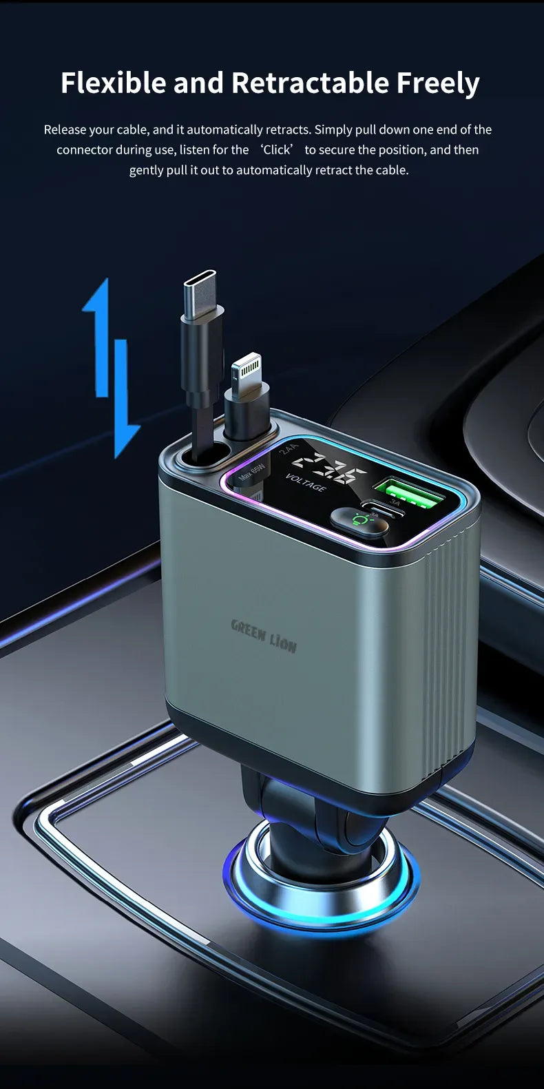 Green Lion Retractable 90w Car Charger Green – image 10
