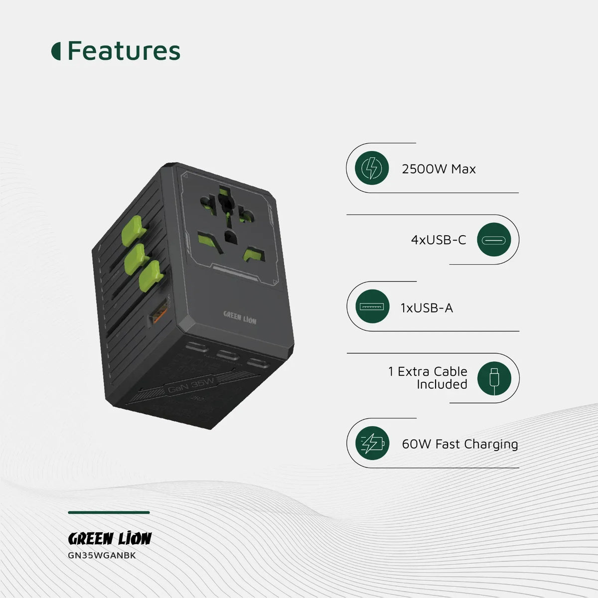 Green Lion Gan Adapter 35w 6 in 1 2 in 2 Cable Black – image 8