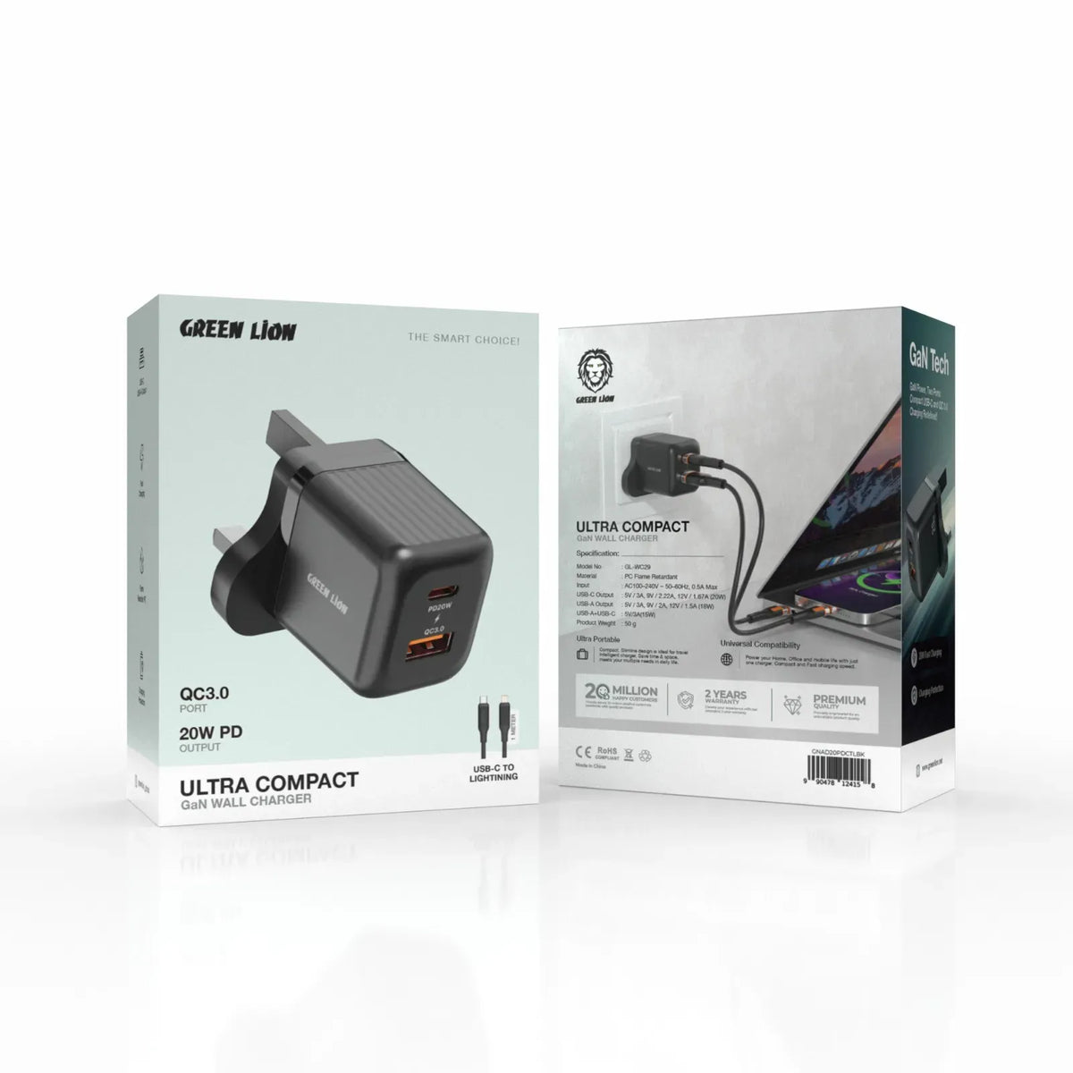 Green Lion Ultra Compact Ga NWall Charger UKPin Cto LPD 20 W+QC 3.0 - Black – image 2