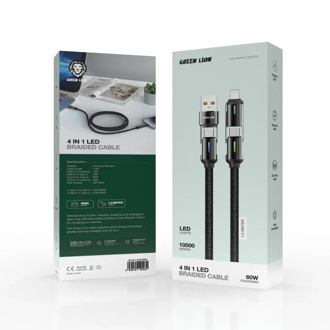 Green Lion 4 in 1 LED Braided Cable 60w Black – image 2