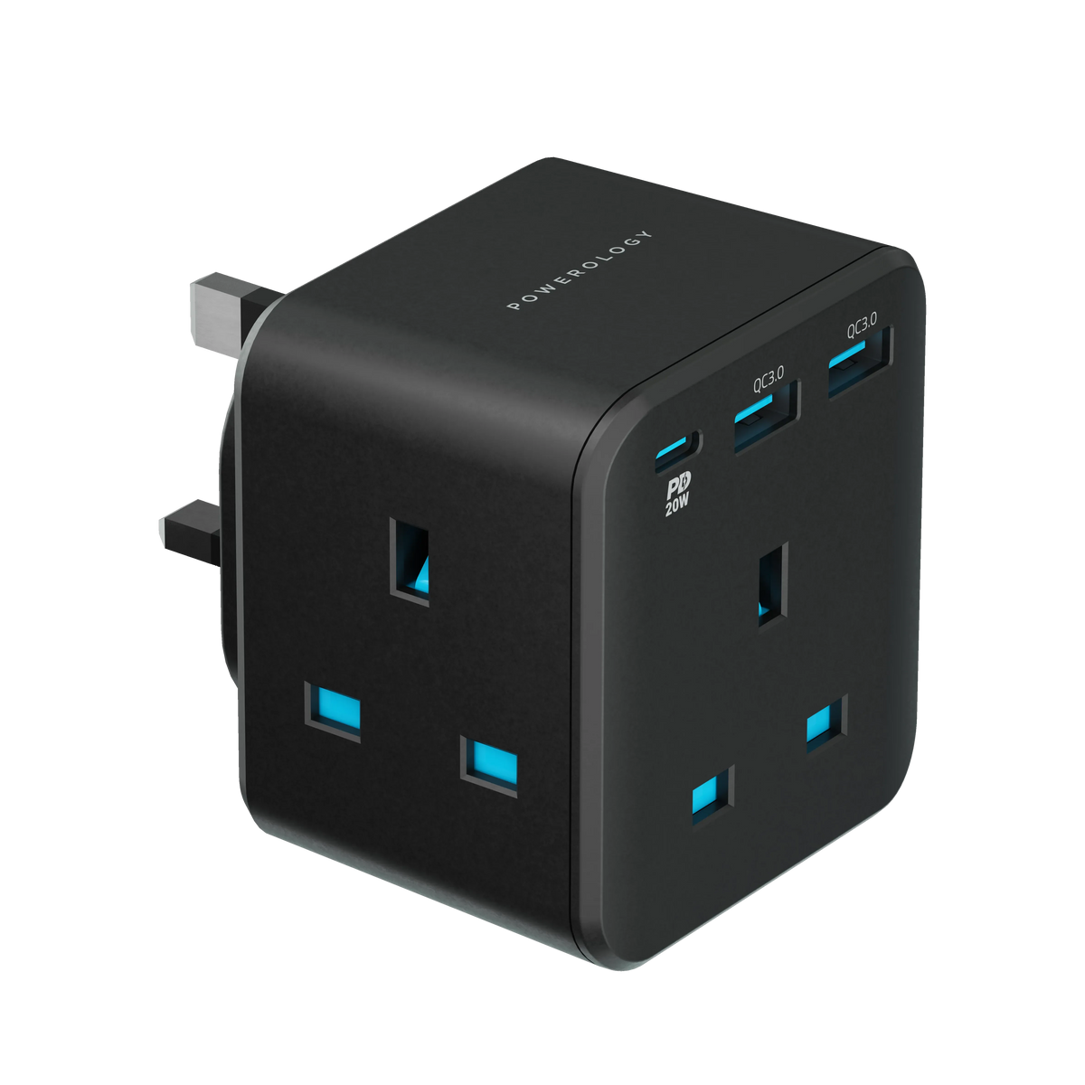 Powerology 3-Outlet Wall Socket With Fast Charging USB -Charge 0%-60% in 35 Minutes for Phoneand Tablets* -Dual Port QC 3.0 Outputs and 20 W PD -Multi-Port Wall Socket -Super Compact -Smart Design - Black – image 2
