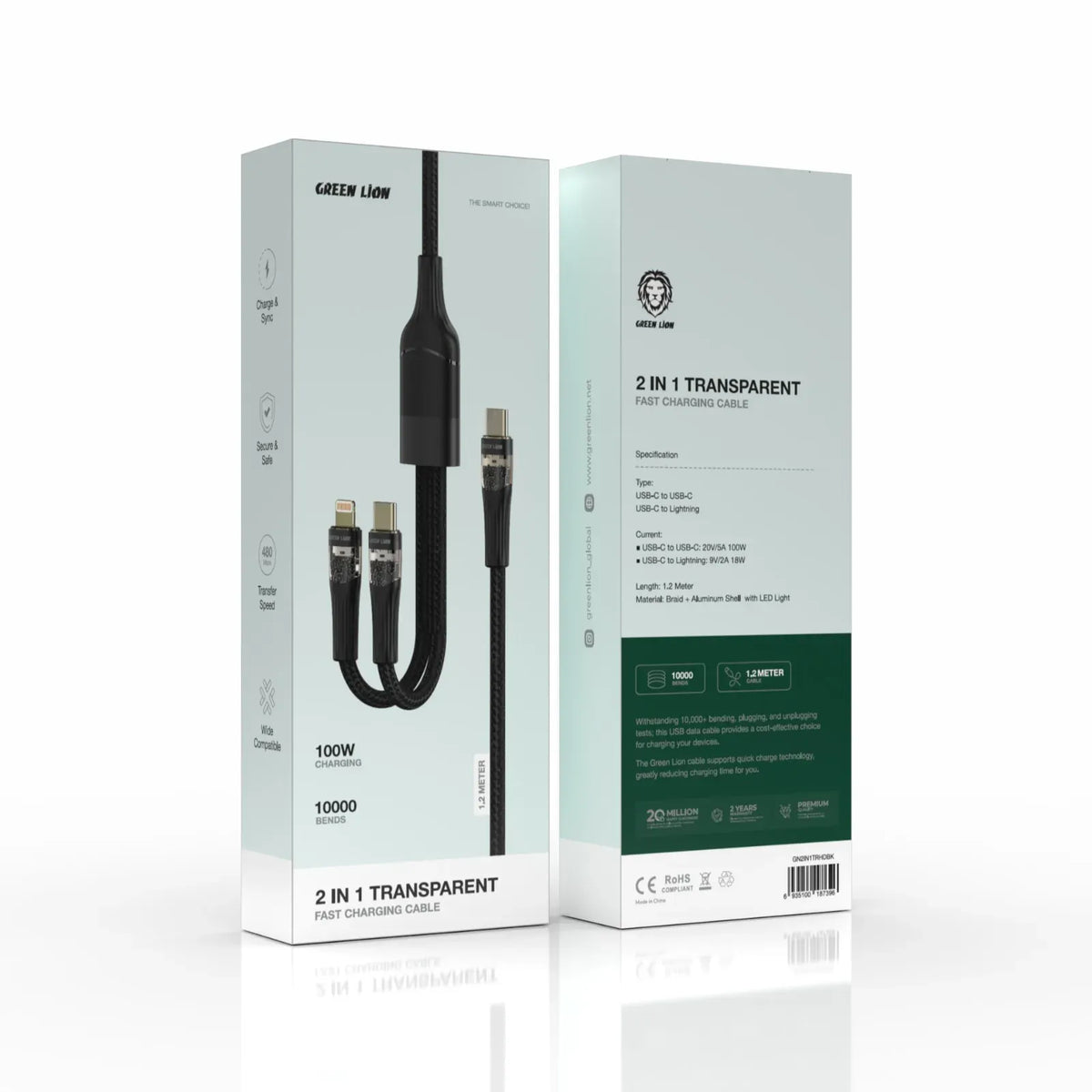 Green Lion 2 In1 Transparent Fast Charging Cable Black – image 2