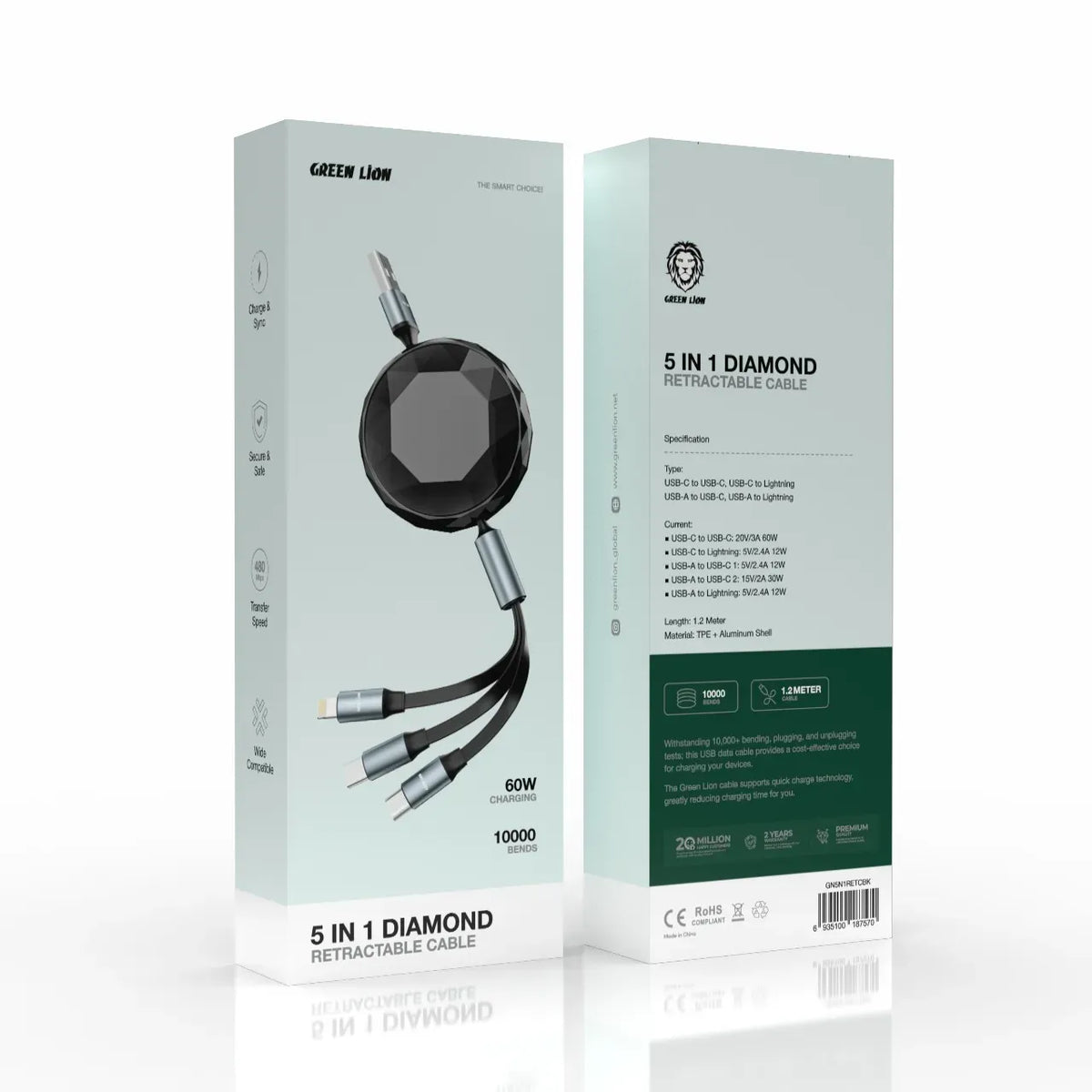 Green Lion 5 in 1 Diamond Retractable Cable Black – image 2