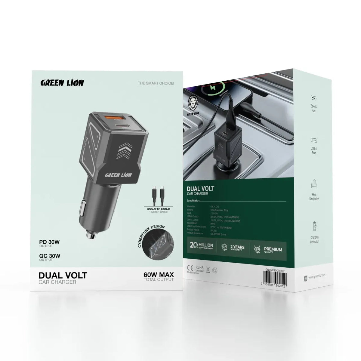 Green Lion Dual Volt Car Charger PD+QC 60 WCto C 1 m Cable - Gray
