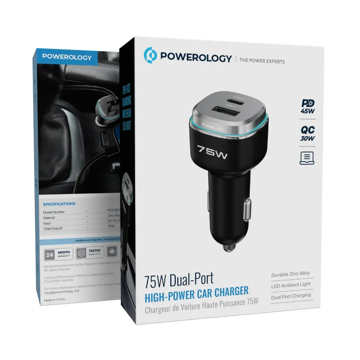 Powerology 75 W Dual-Port High-Power Car Charger - Black/Silv er – image 2