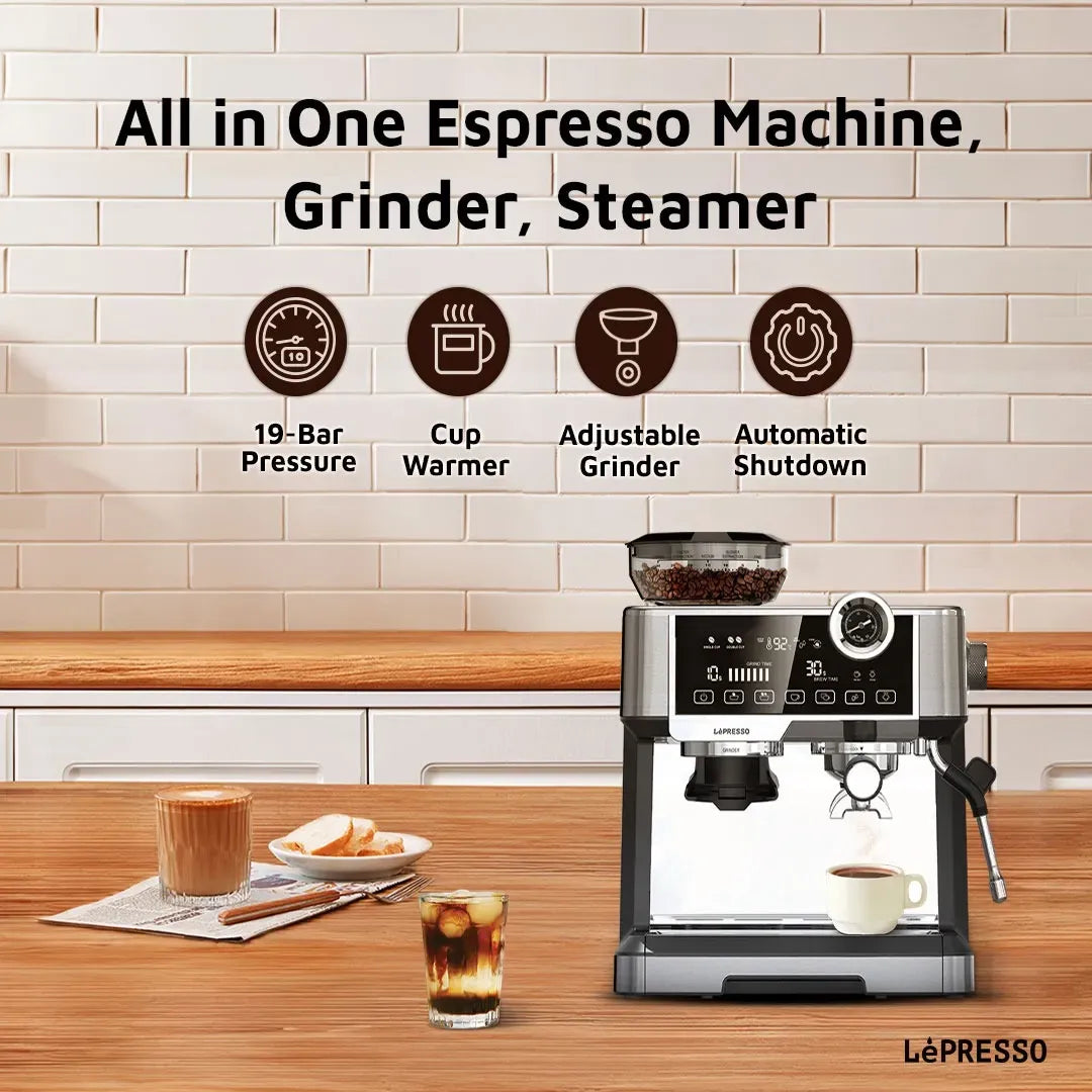 LePresso Dual Boiler Espresso Machine with Conical Grinder Pressure Gauge Silver – image 8