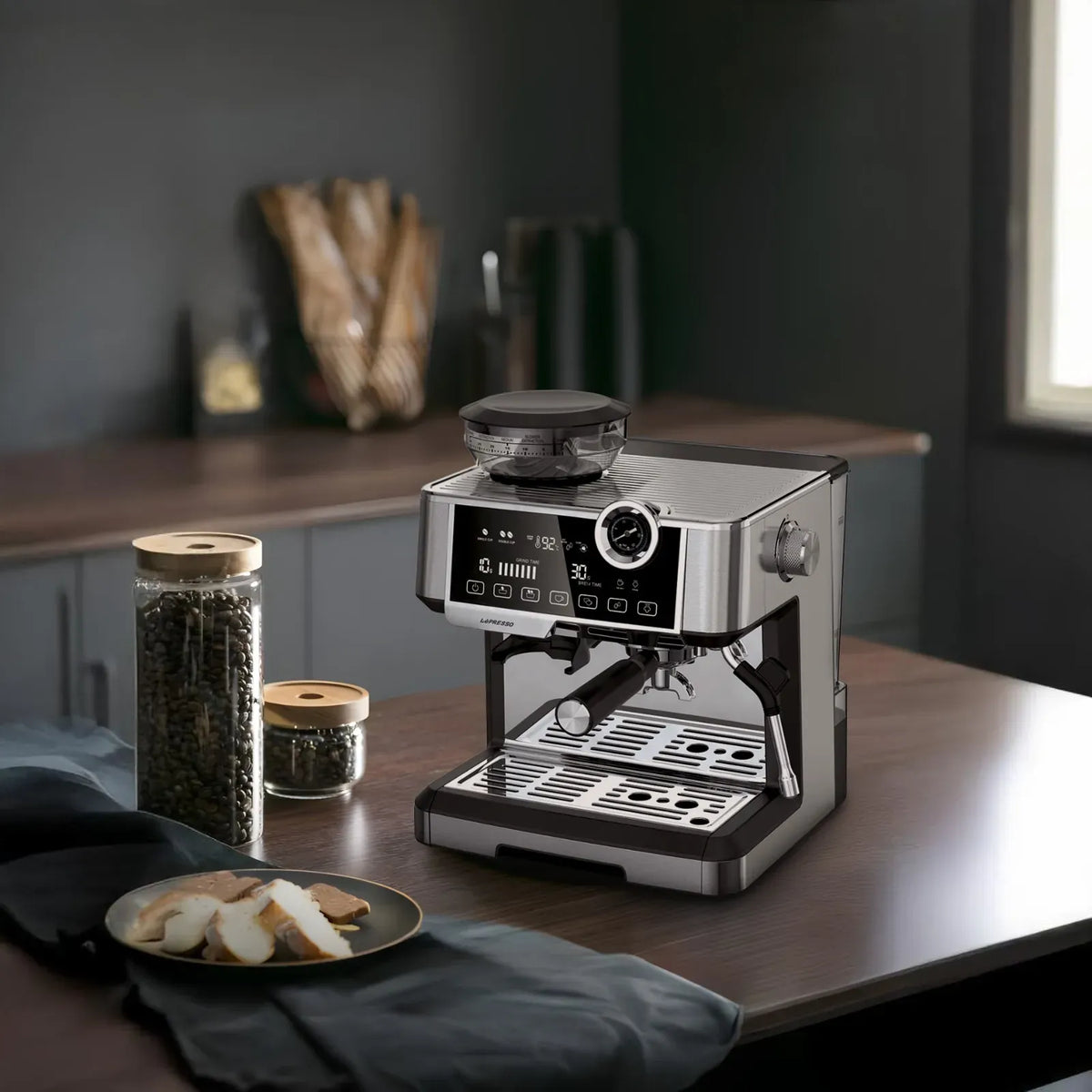 LePresso Dual Boiler Espresso Machine with Conical Grinder Pressure Gauge Silver – image 5