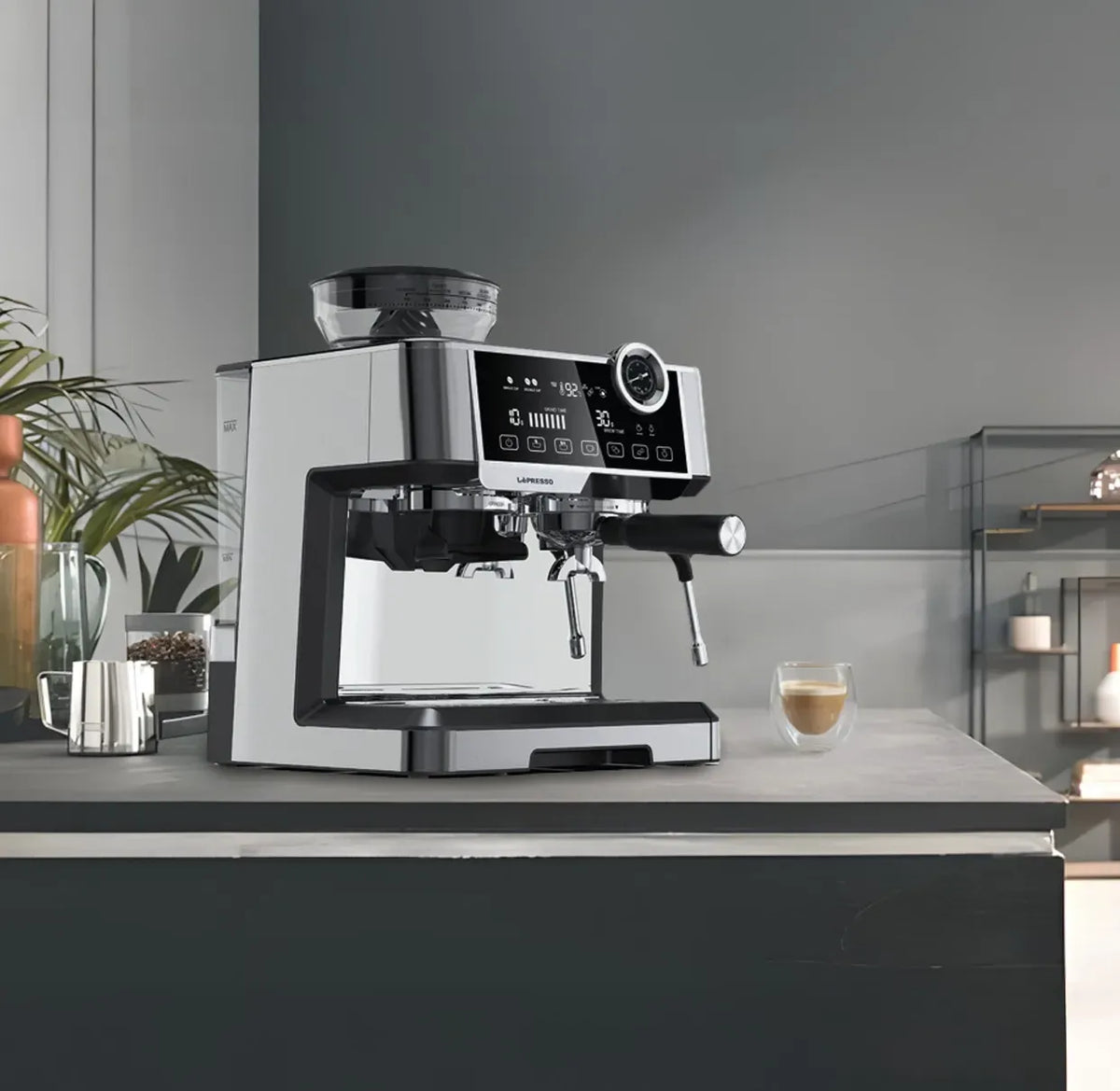 LePresso Dual Boiler Espresso Machine with Conical Grinder Pressure Gauge Silver – image 6