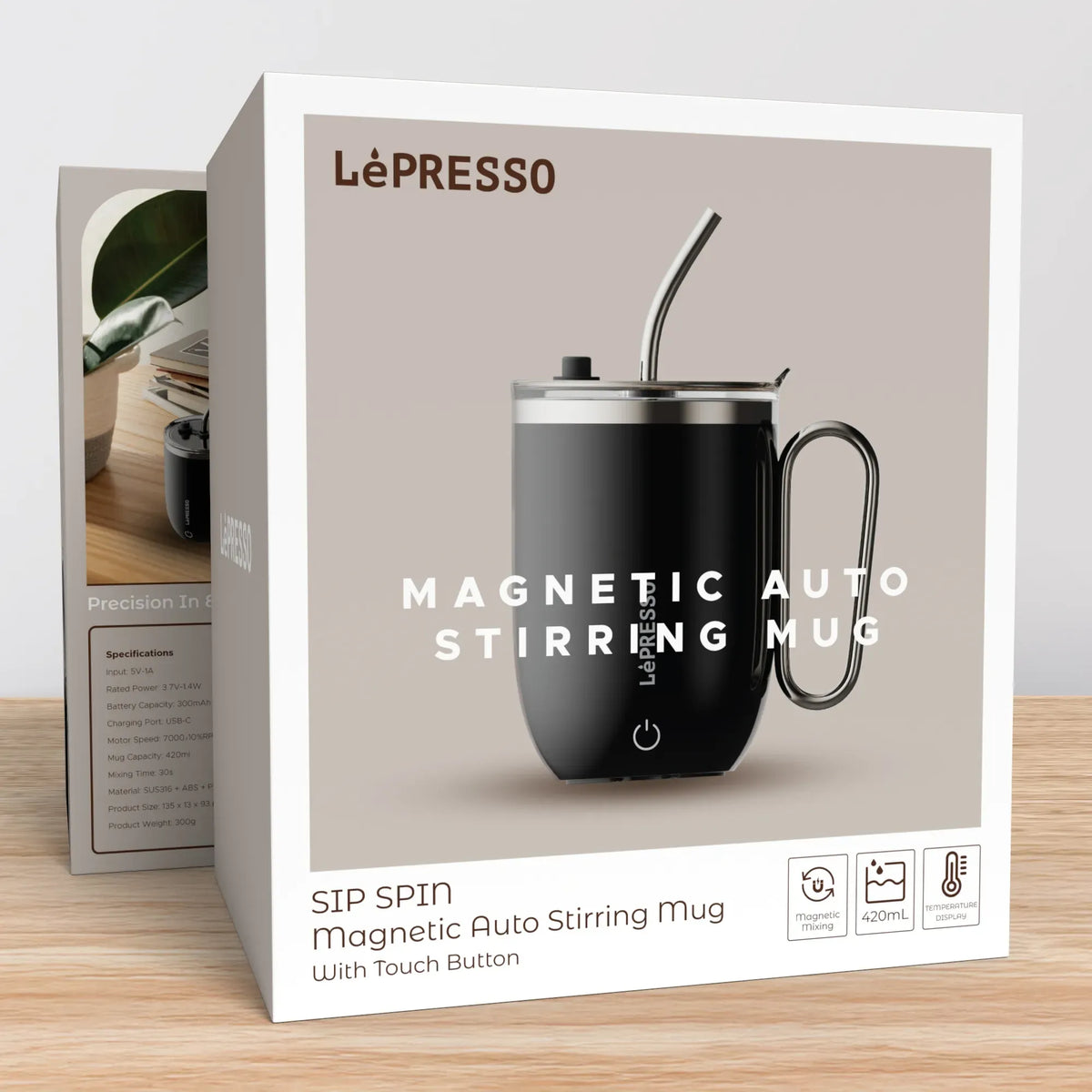 LePresso Sip Spin Magnetic Auto Stirring Mug with Touch Button - Black – image 3