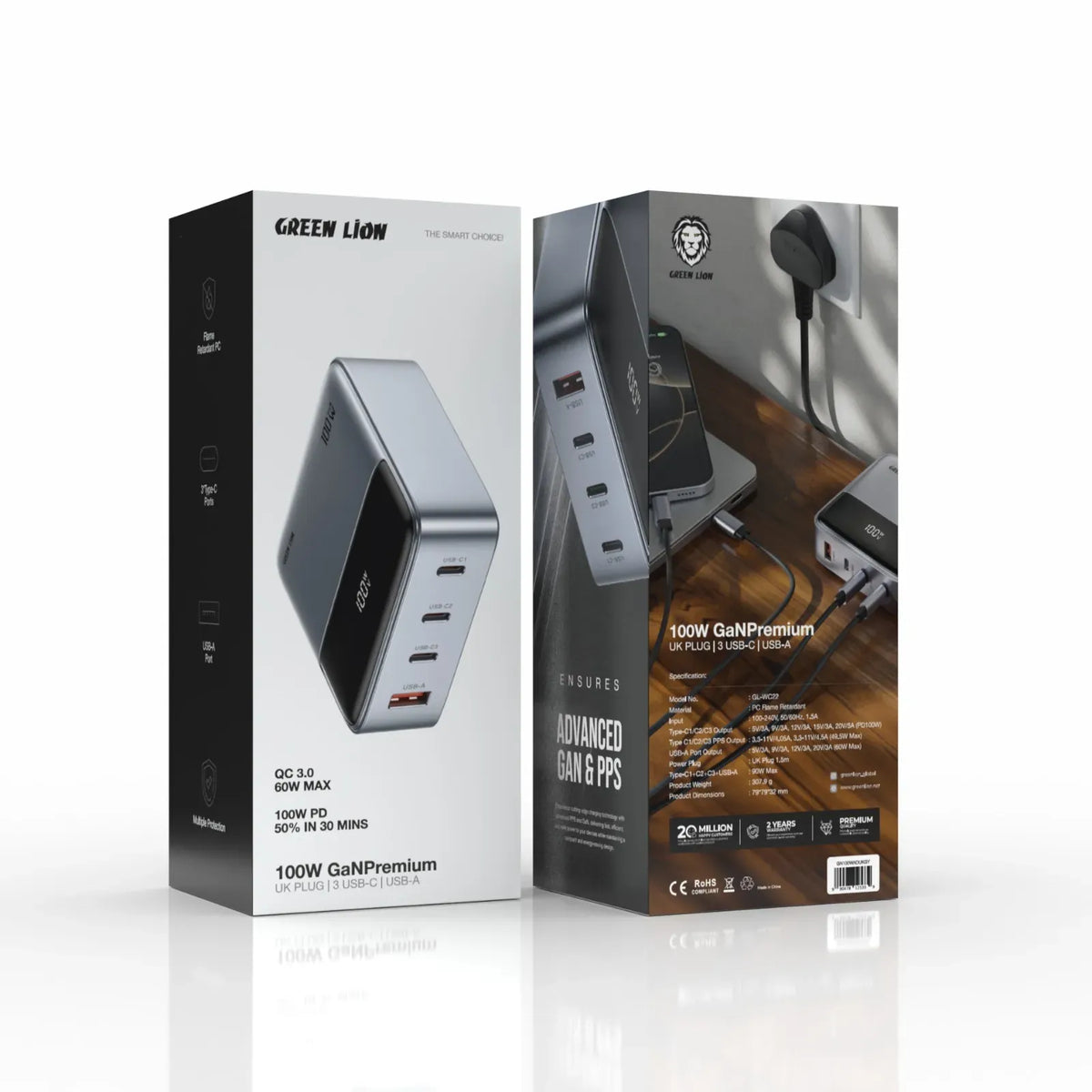 Green Lion 100w Gan Premium Uk Plug Adapter Gray – image 3