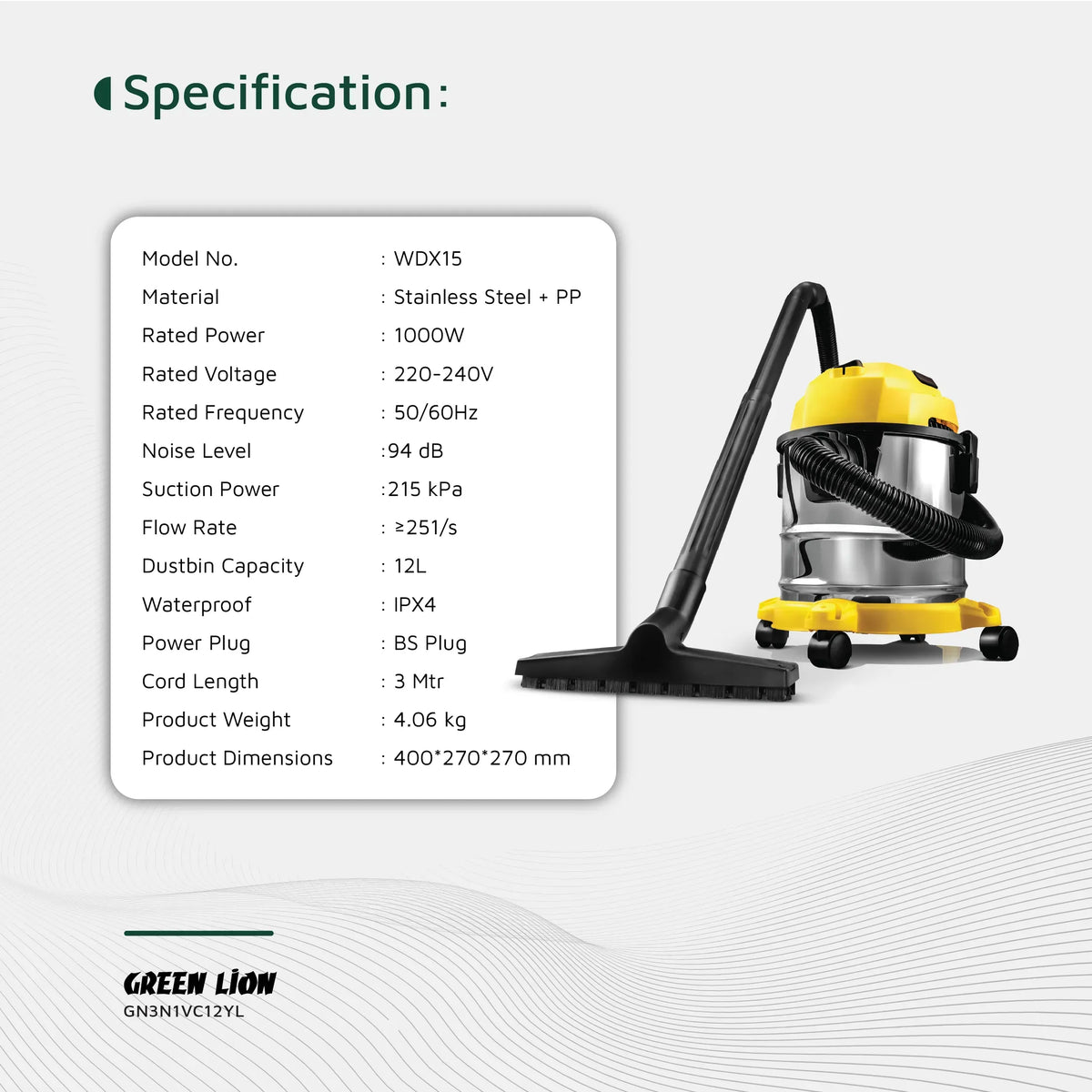 Green Lion Ultra 3 In 1 Vacuum Cleaner 12 L 1000 W - Yellow – image 9