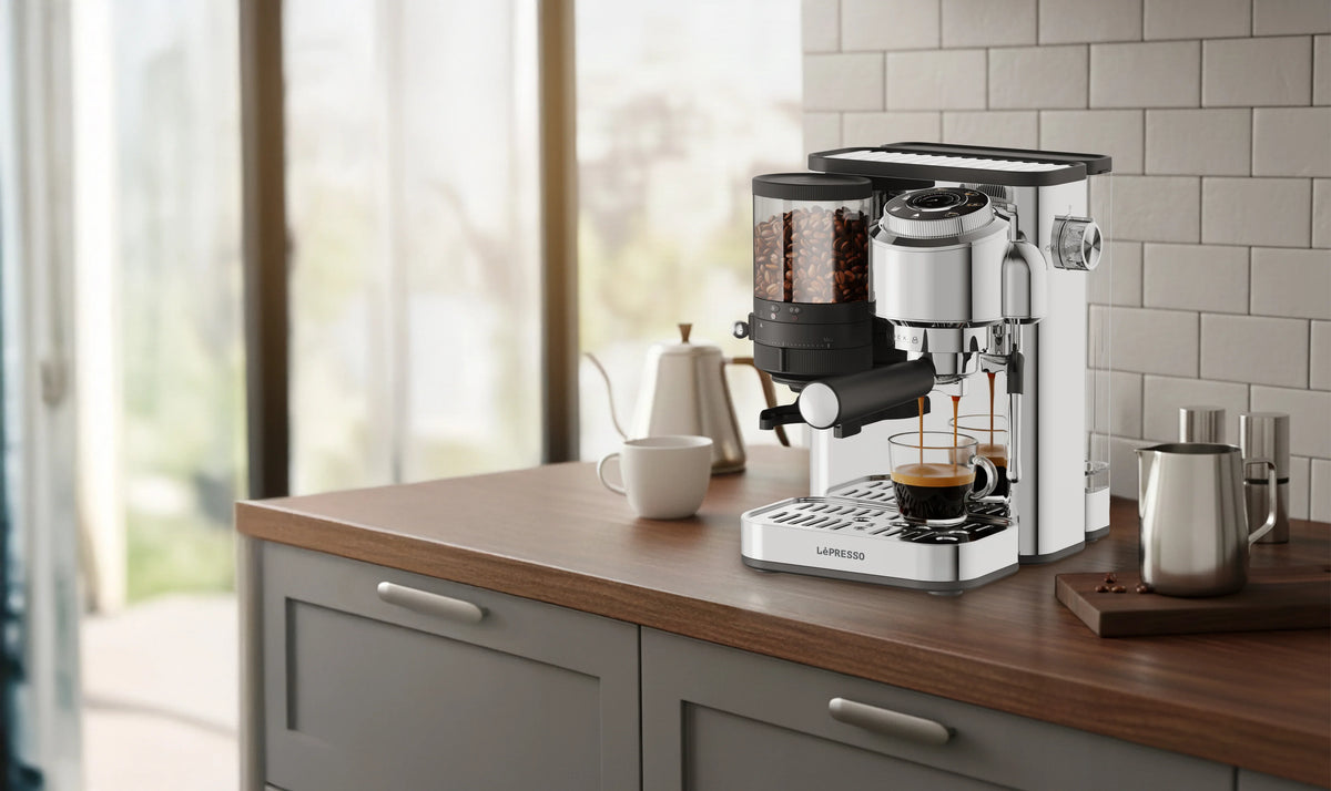 LePresso Ilburrone 20 Bar Italian Pump Coffee Machine with Bean Grinder and Steam Wand Silver – image 1