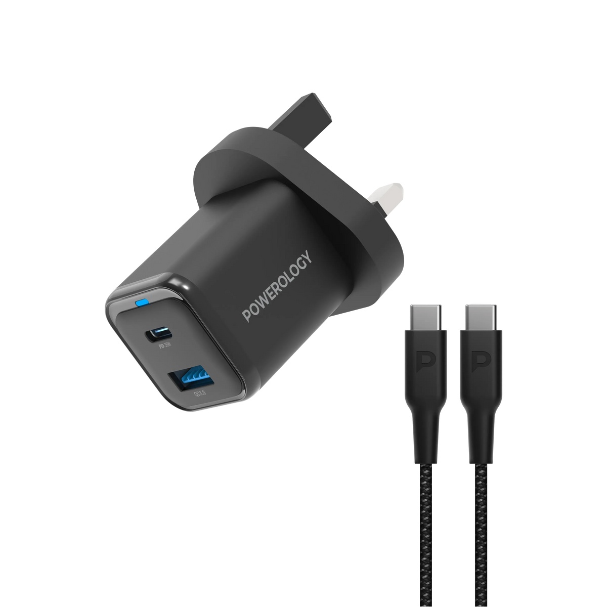 Powerology 35w PD QC 1xusb C 35w and 1xusb A 18w Gan Charger Uk with Type C to C 60w Black – image 7