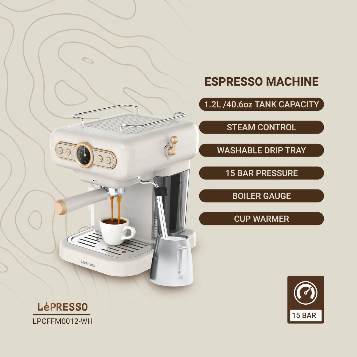 LePresso Retro Espresso Machine Boiler Gauge And Milk Steamer - White – image 6