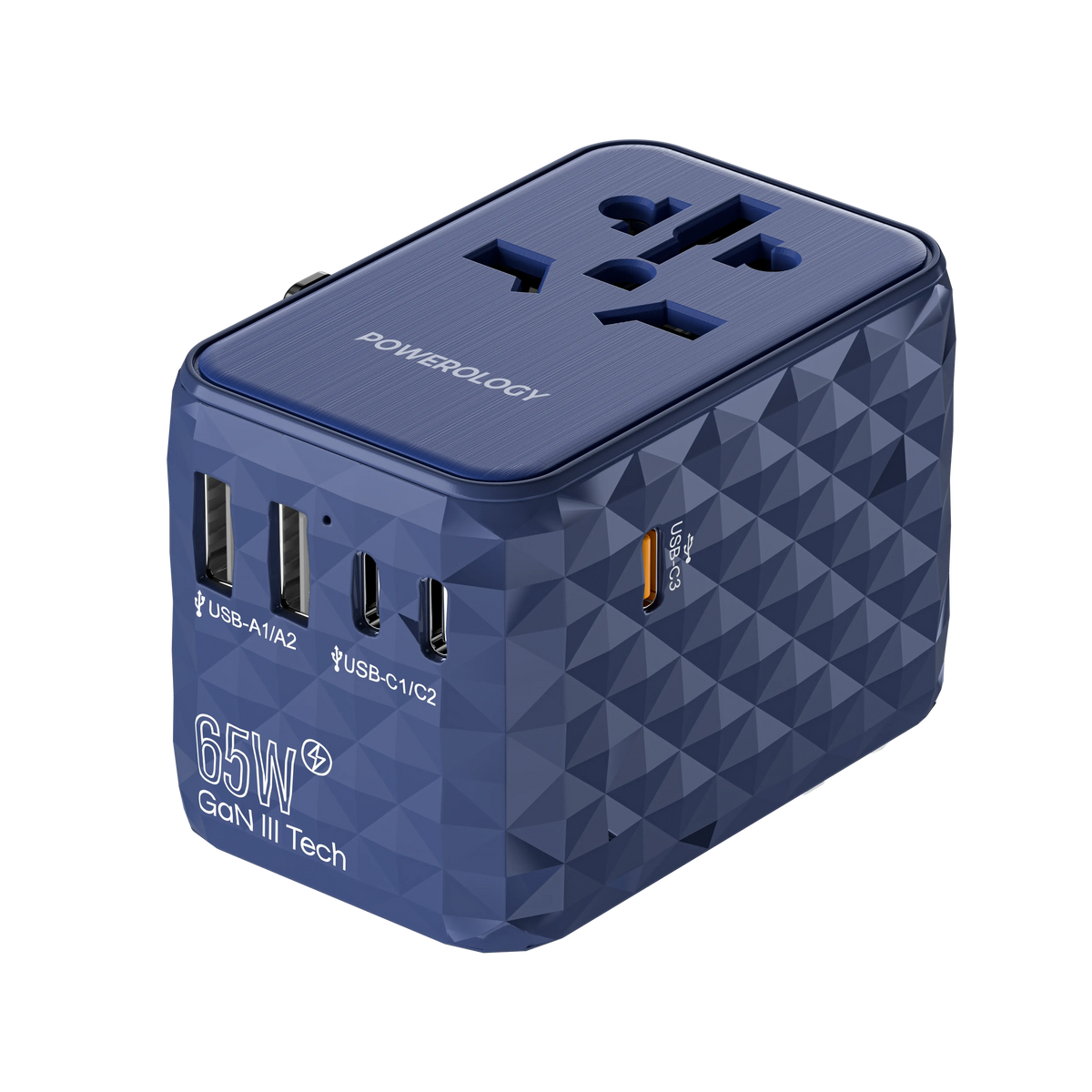 Powerology Universal Multi-Port Ga N Travel Adapter 3 x Type-CWith 2 x USB-A Ports 65 W PD - Blue – image 3