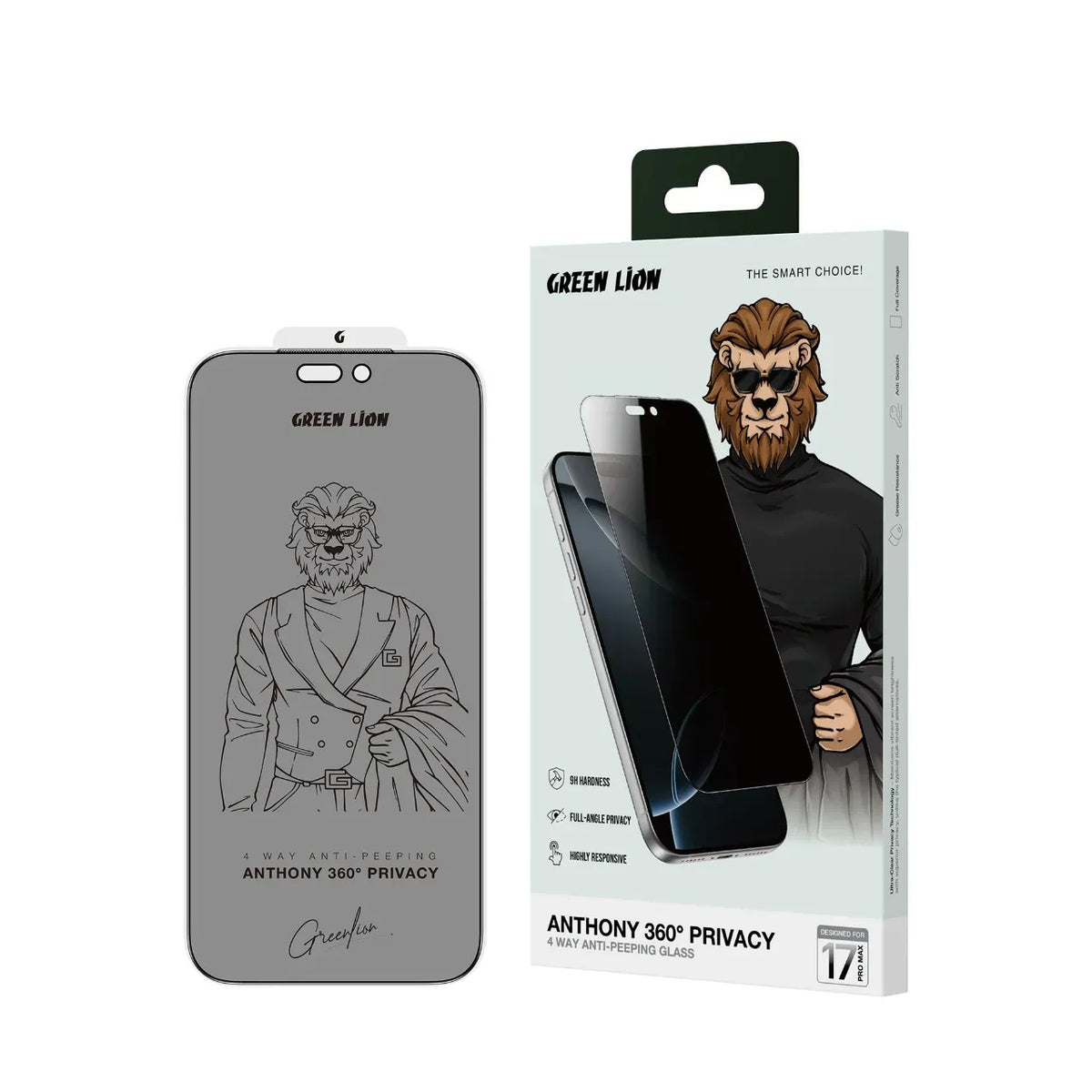 Green Lion ANTHONY 360° Privacy Screen Protector 4-Way Anti-Peeping Glass - Black Edge/Privacy
