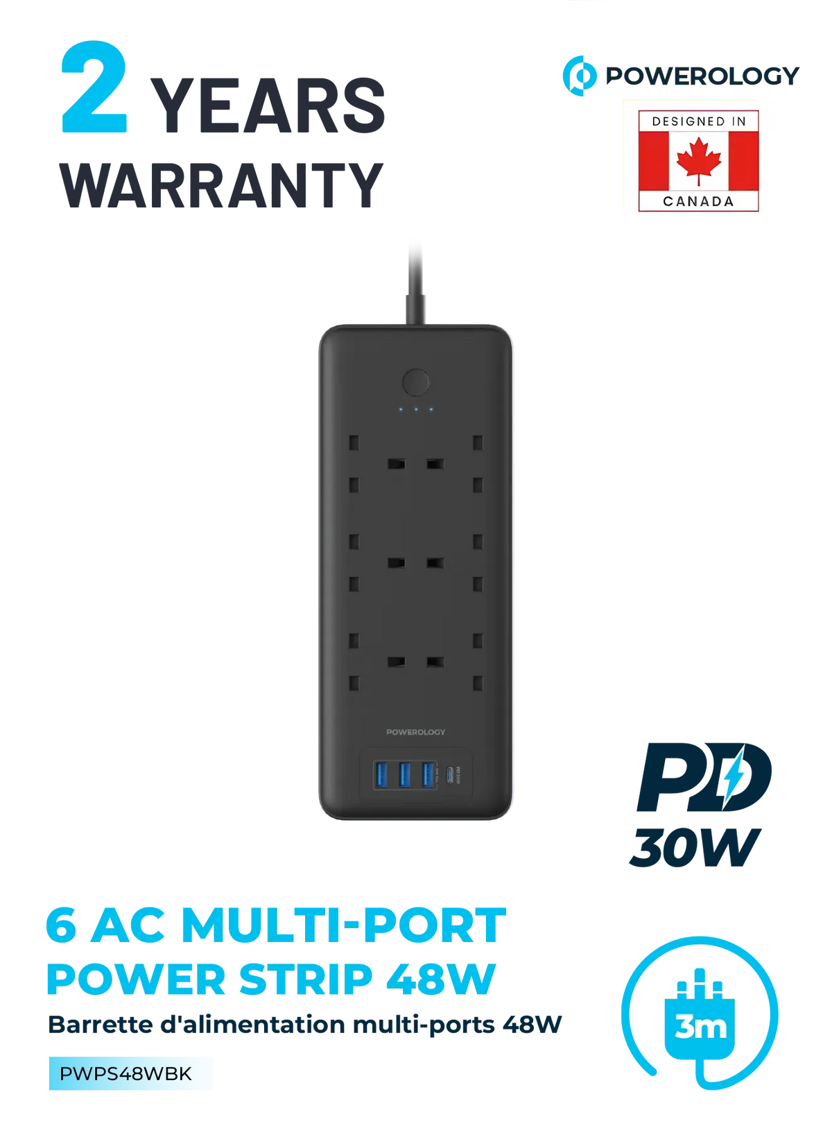 Powerology 48w 6ac 1x PD USB C and 3x QC USB A Power Strip with Uk Plug Black – image 11