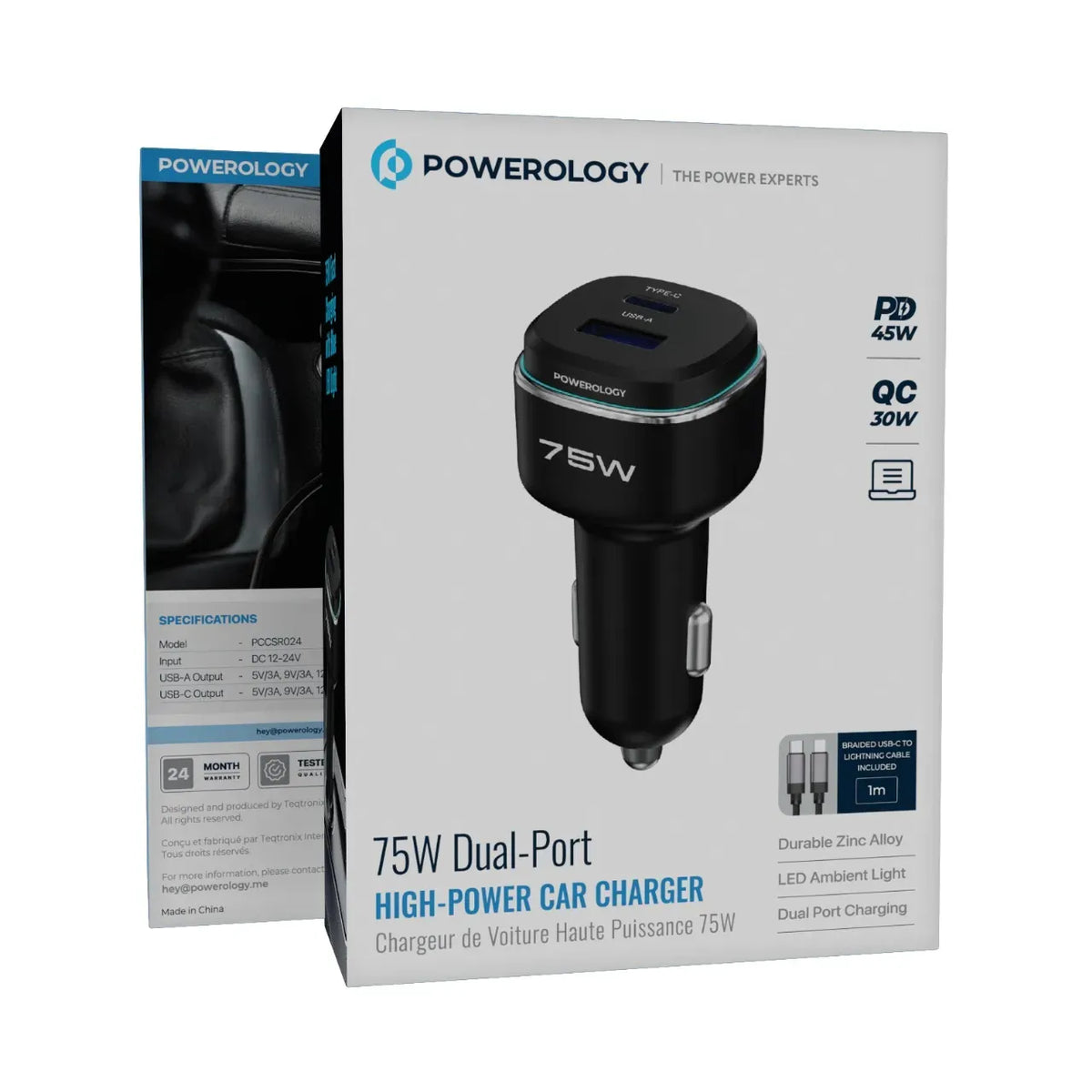 Powerology 75 W Dual-Port High-Power Car Charger with Lightning Cable - Black/Gre y – image 2