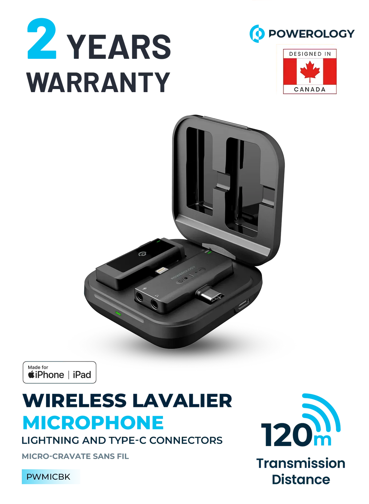 Powerology Mfi Dual Connector Wireless Lavalier Microphone X1 Mic 1000mAh Black – image 11