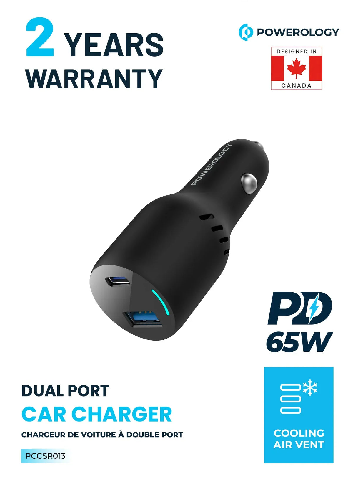 Powerology 65w PD Qc3 0 LED Dual Ports Car Charger Black – image 6