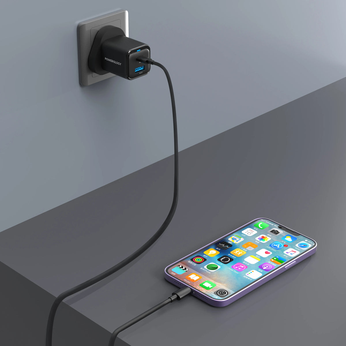 Powerology 35w PD QC 1xusb C 35w and 1xusb A 18w Gan Charger Uk with USB C Cable Black – image 11