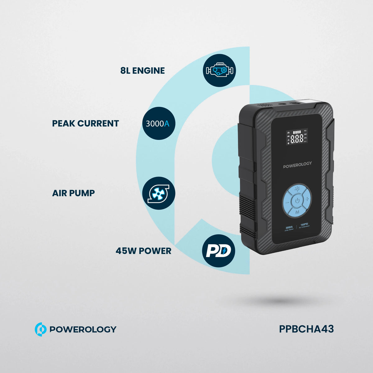 Powerology 20000 m Ah Power Bank Jump Start Air Compressor - Black – image 7