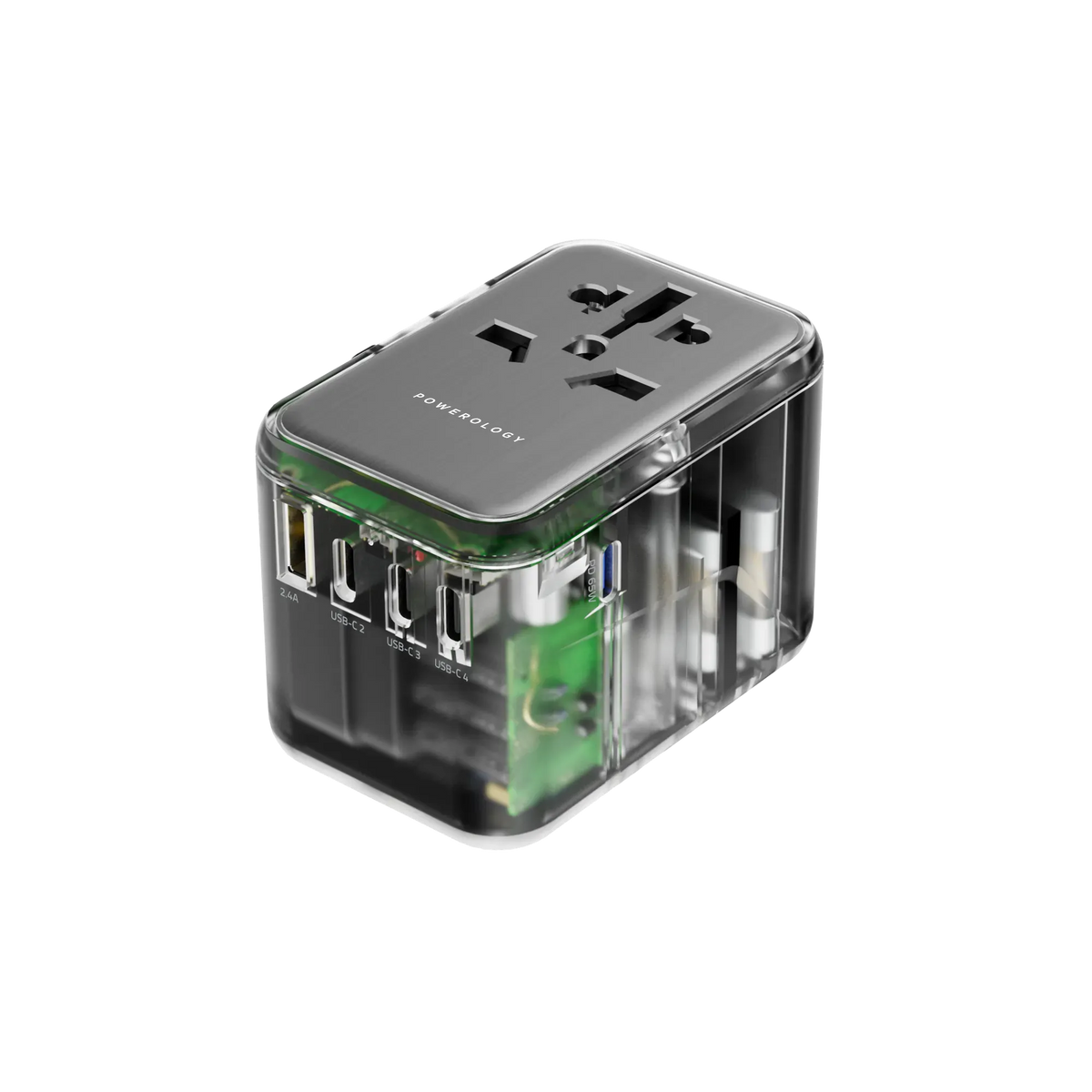 Powerology Universal Multi-Port Travel Adapter With 4 Type-C - Transpare ntGrey