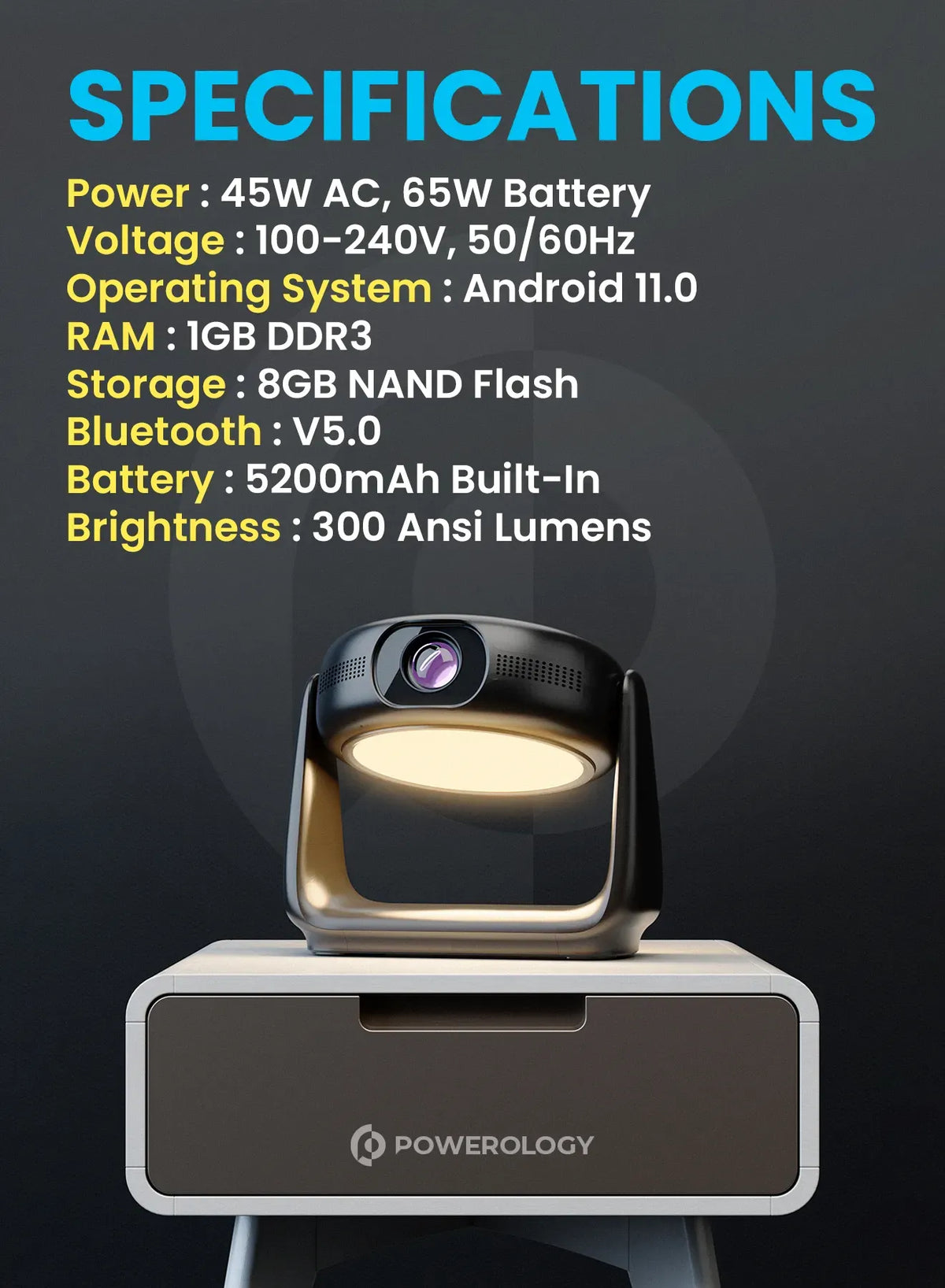 Powerology 300 Ansi Lumens Full HD Portable Projector with Built in Battery and LCD Light – image 8