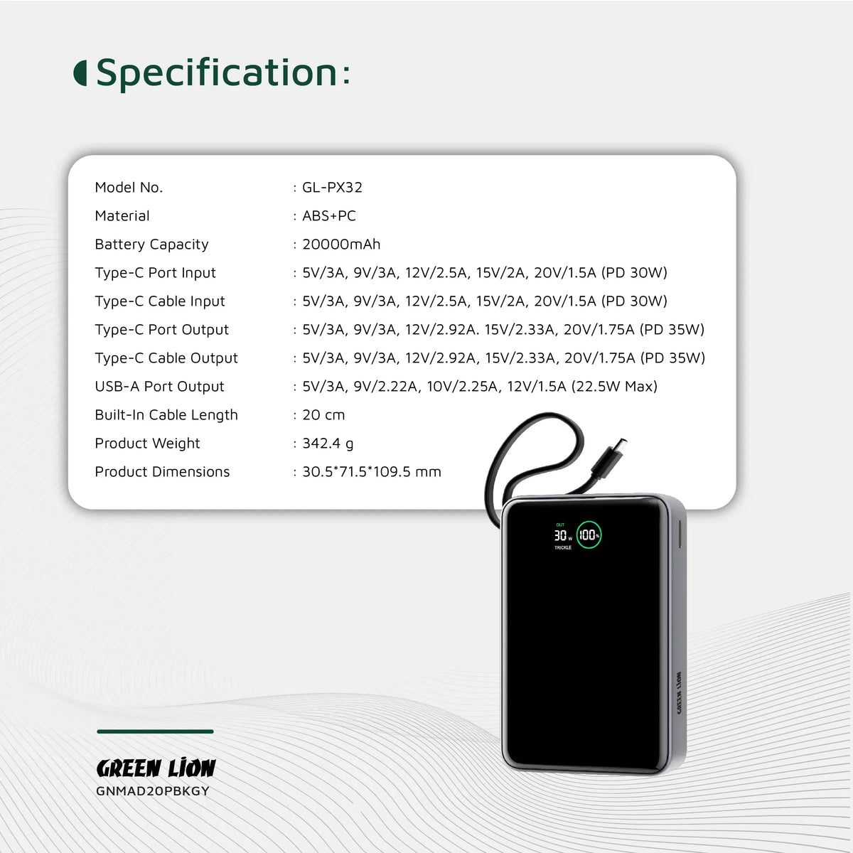 Green Lion Madrid 20 Power Bank 20000mAh PD 35w Gray – image 7