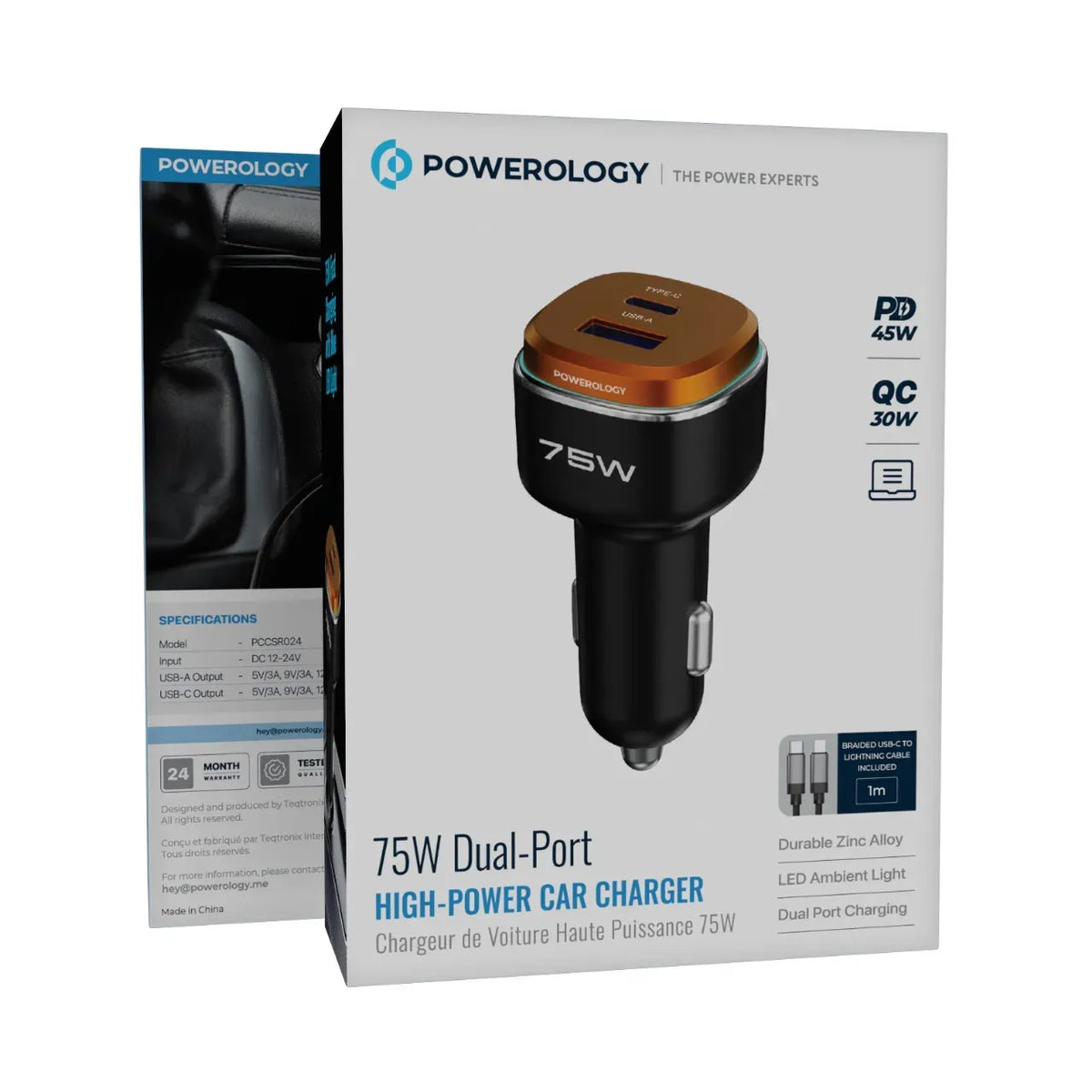 Powerology 75 W Dual-Port High-Power Car Charger with Lightning Cable - Black/Ora nge – image 2