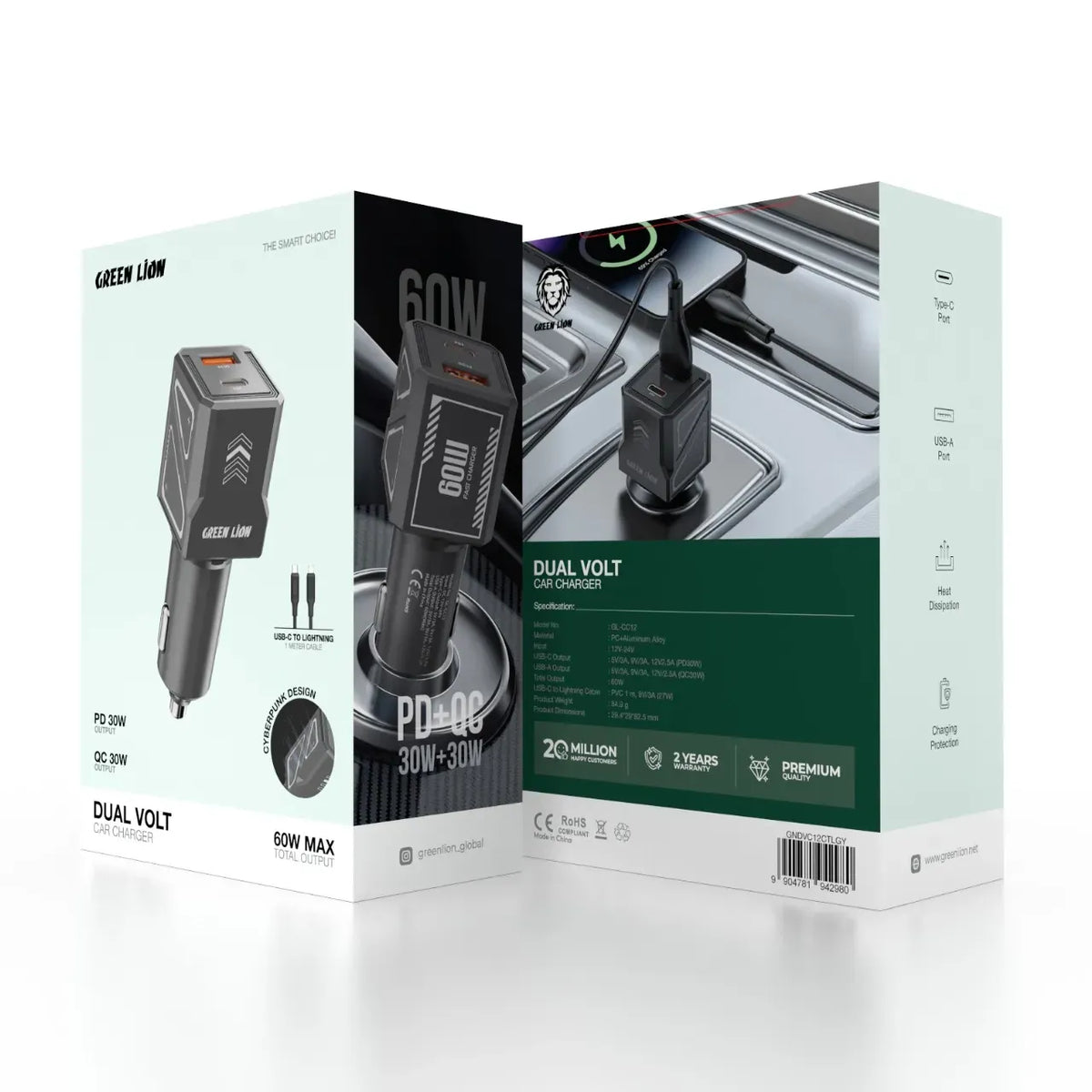 Green Lion Dual Volt Car Charger PD+QC 60 WCto L 1 m Cable - Gray – image 3