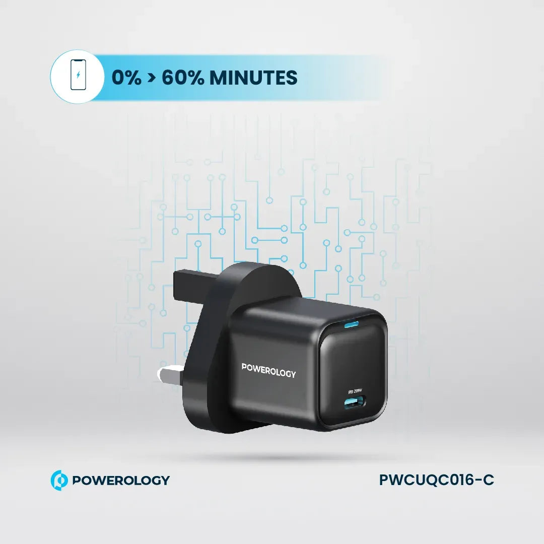 Powerology 20w Single C Port PD Charger Uk with Type C to C 60w Cable Black – image 8