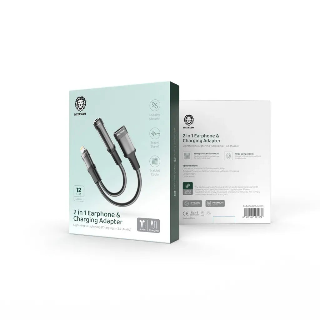 Green Lion 2 in 1 Earphone Charging Adapter Lightning to Lightning 3 5 12cm Black – image 5