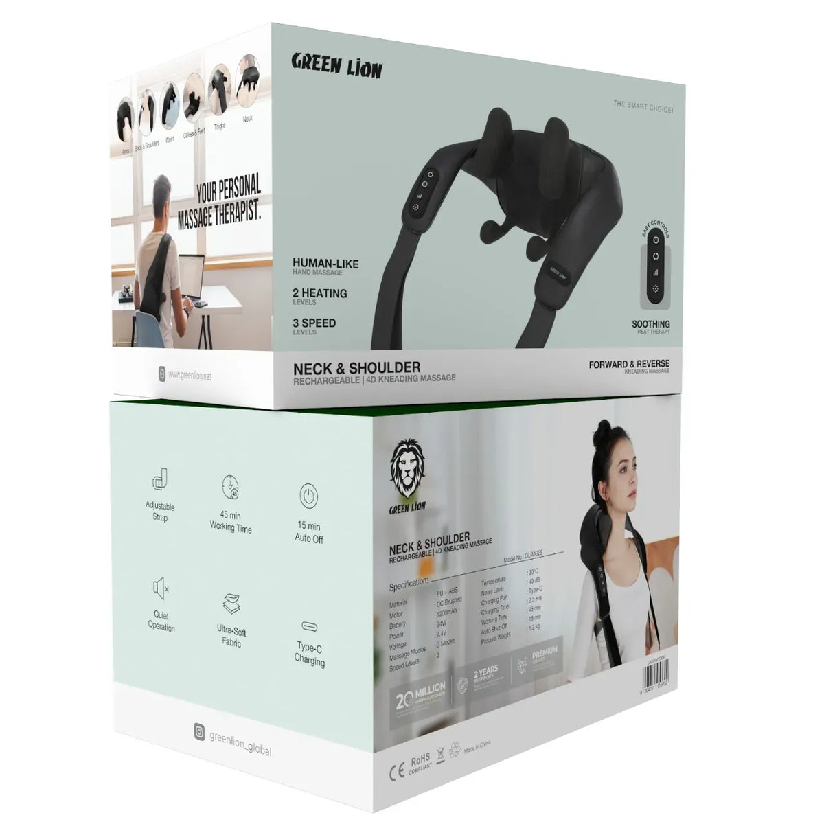 Green Lion Neck&Shoulder Rechargeable 4 Dkneading Massage - Black – image 5