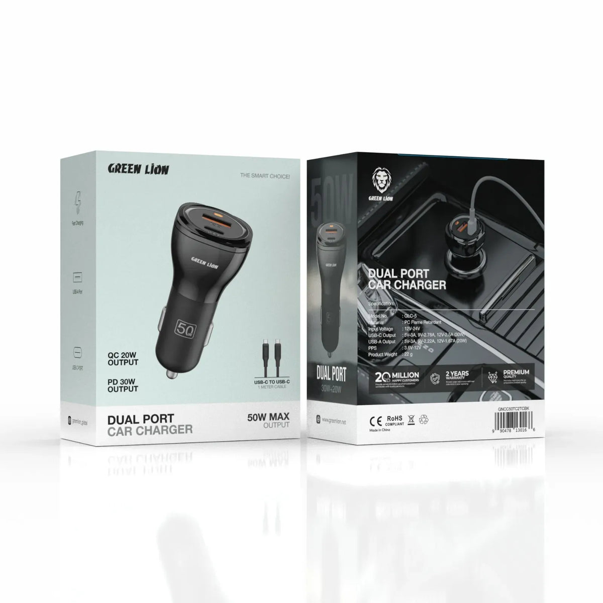 Green Lion Dual Port Car Charger 50 W(PD 30 W+QC 20 W)With USB-Cto USB-C Cable 1 M - Black