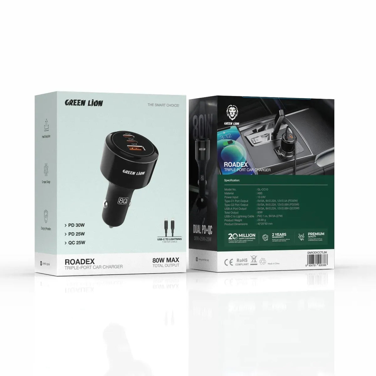 Green Lion Roadex Triple Port Car Charger 80 WCto L 1 m Cable - Black