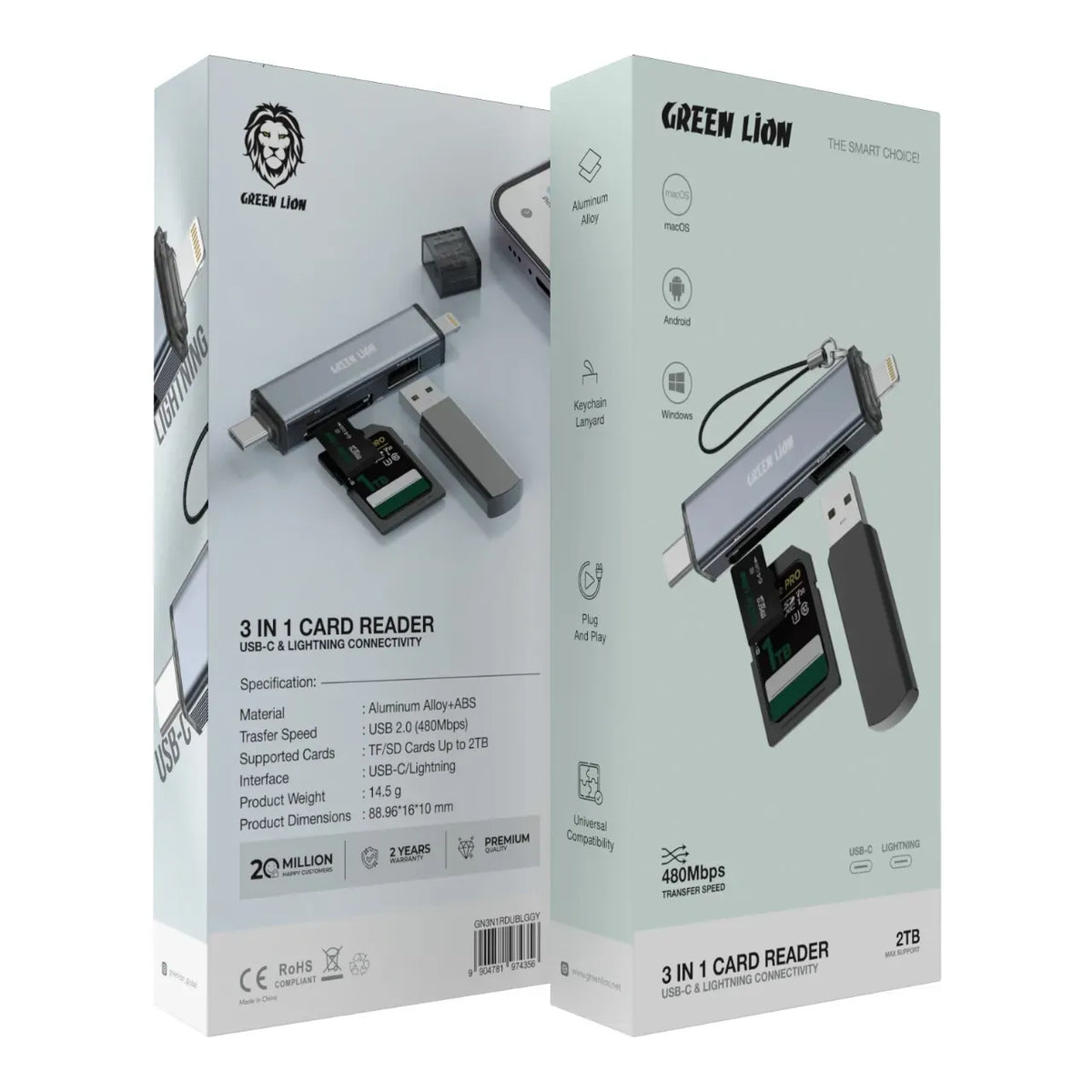 Green Lion 3 in 1 Card Reader with USB C Lightning Connectivity Gray – image 4