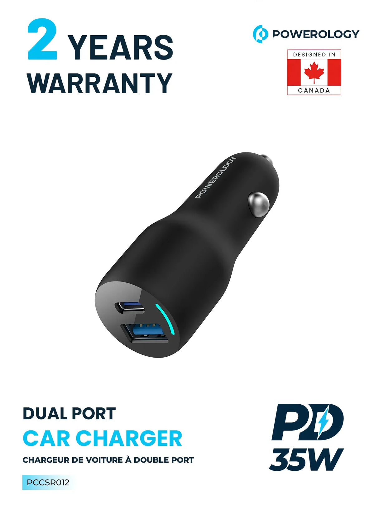 Powerology 35w PD Qc3 0 LED Dual Ports Car Charger Black – image 6