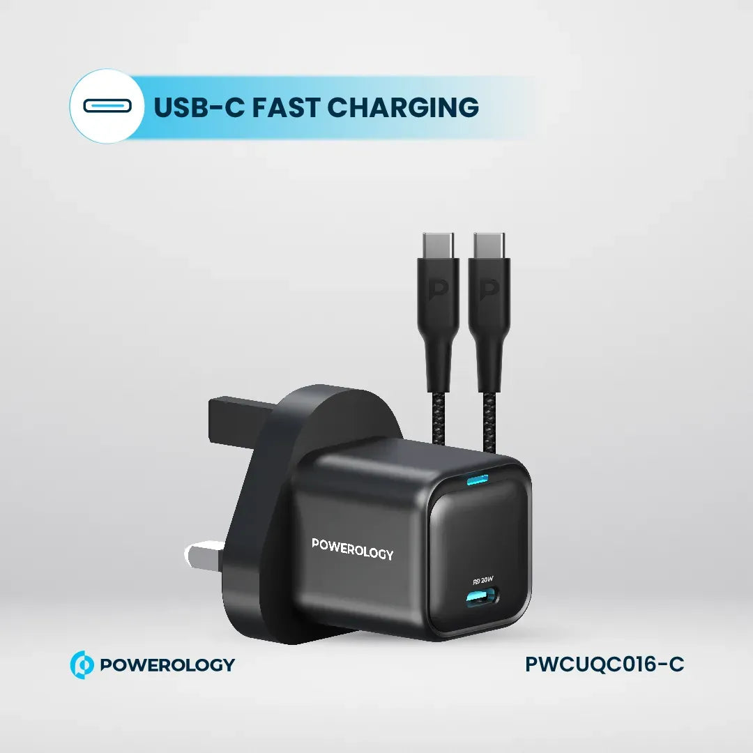 Powerology 20w Single C Port PD Charger Uk with Type C to C 60w Cable Black – image 7