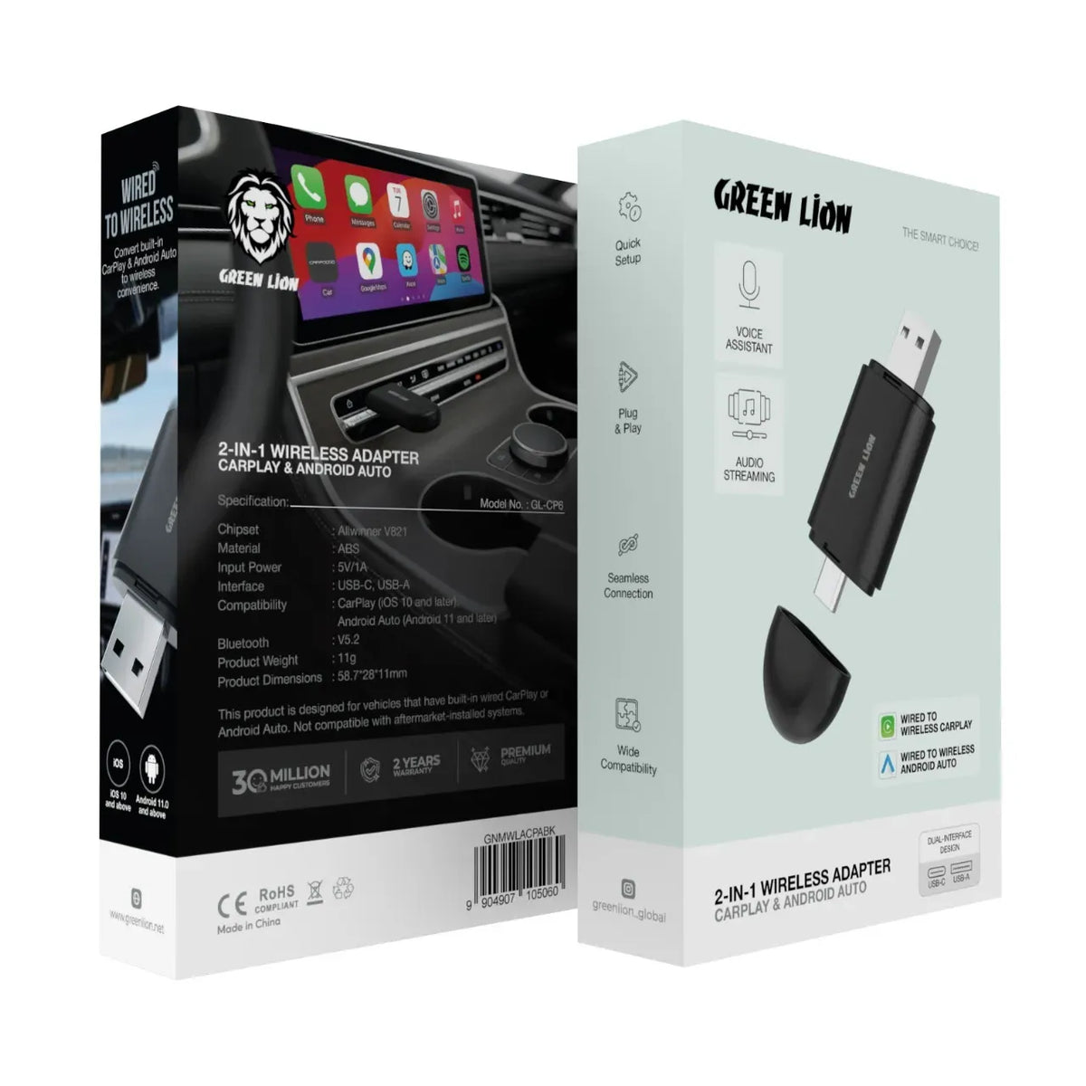 Green Lion 2 in 1 Wireless Adapter Carplay Android Auto Black – image 3