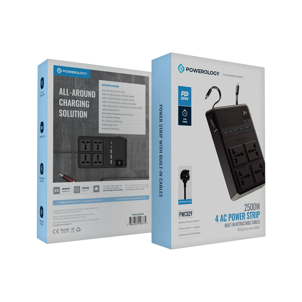 Powerology 2500w 4 AC Power Strip with Built in Retractable Cables Black – image 18