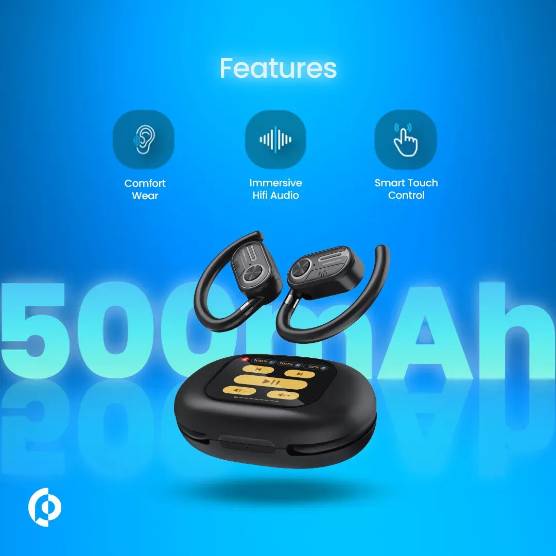Powerology Enc Tws Air Conduction Earbuds and Charging Case with Display 40mah8 Black – image 4